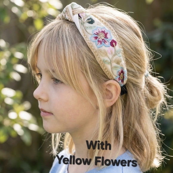 Embroidered Floral Headband - Cream with Yellow Flowers Gold Accents - Picture 4 of 10